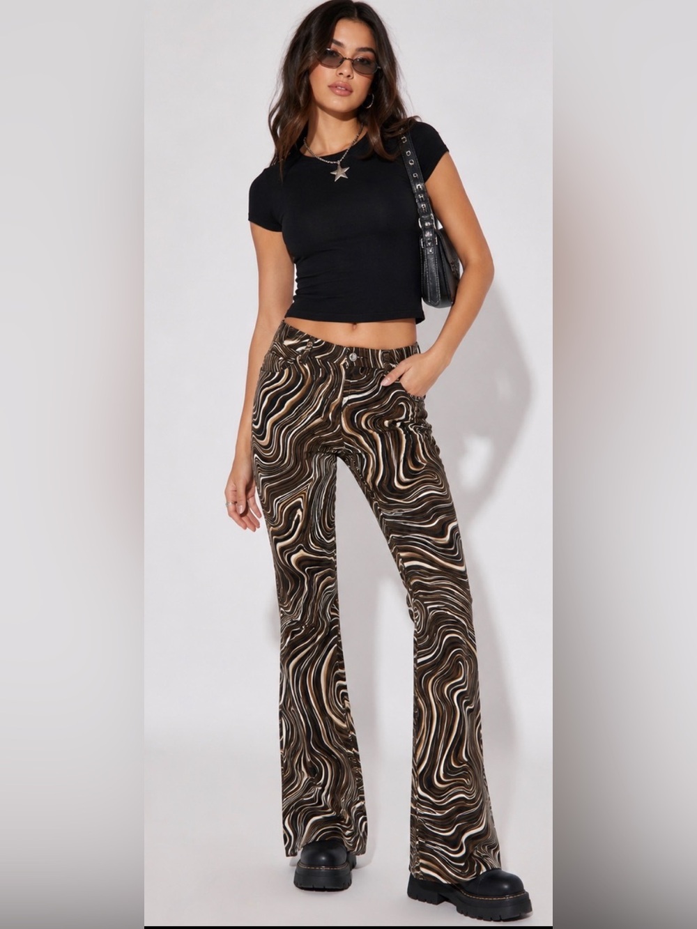 Motel Rocks Brown & Cream Swirl Flare Pants